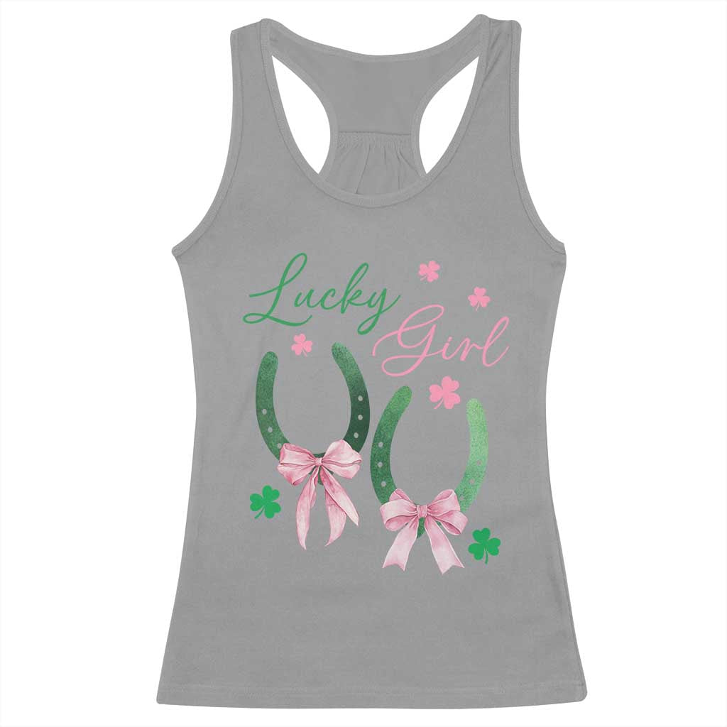 Funny St Patrick's Day Coquette Racerback Tank Top Lucky Girl Horseshoe Pink Bow