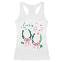 Funny St Patrick's Day Coquette Racerback Tank Top Lucky Girl Horseshoe Pink Bow