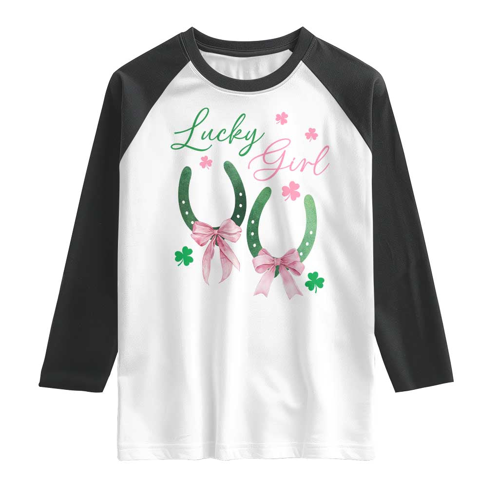 Funny St Patrick's Day Coquette Raglan Shirt Lucky Girl Horseshoe Pink Bow