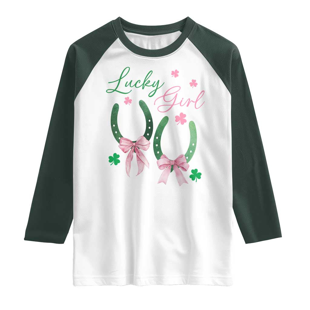 Funny St Patrick's Day Coquette Raglan Shirt Lucky Girl Horseshoe Pink Bow