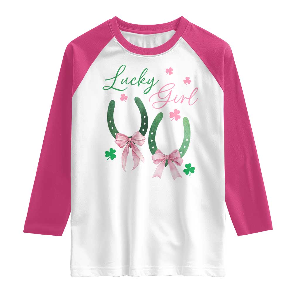 Funny St Patrick's Day Coquette Raglan Shirt Lucky Girl Horseshoe Pink Bow