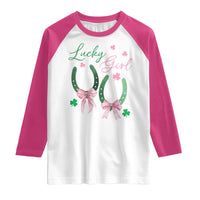 Funny St Patrick's Day Coquette Raglan Shirt Lucky Girl Horseshoe Pink Bow