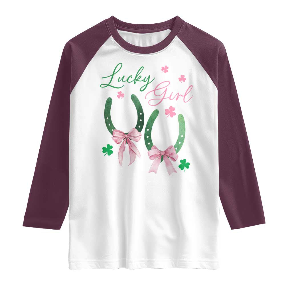 Funny St Patrick's Day Coquette Raglan Shirt Lucky Girl Horseshoe Pink Bow