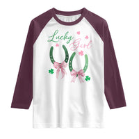 Funny St Patrick's Day Coquette Raglan Shirt Lucky Girl Horseshoe Pink Bow