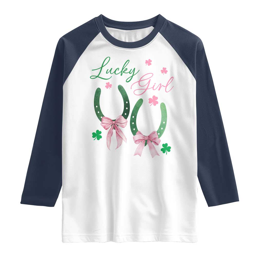 Funny St Patrick's Day Coquette Raglan Shirt Lucky Girl Horseshoe Pink Bow