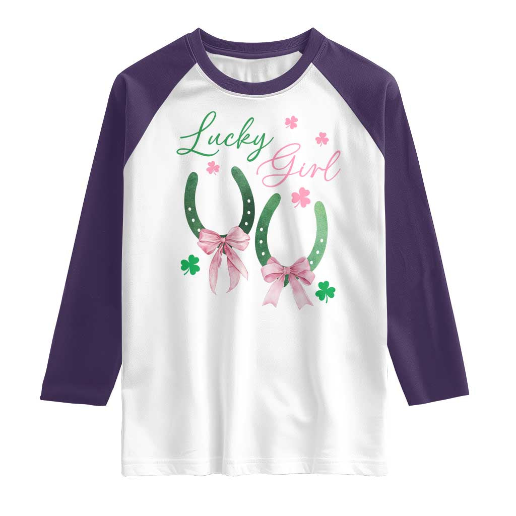 Funny St Patrick's Day Coquette Raglan Shirt Lucky Girl Horseshoe Pink Bow