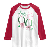 Funny St Patrick's Day Coquette Raglan Shirt Lucky Girl Horseshoe Pink Bow