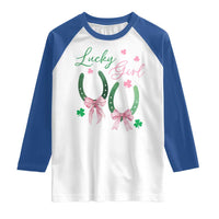 Funny St Patrick's Day Coquette Raglan Shirt Lucky Girl Horseshoe Pink Bow