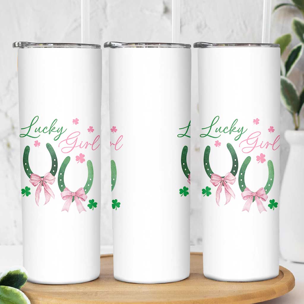 Funny St Patrick's Day Coquette Skinny Tumbler Lucky Girl Horseshoe Pink Bow