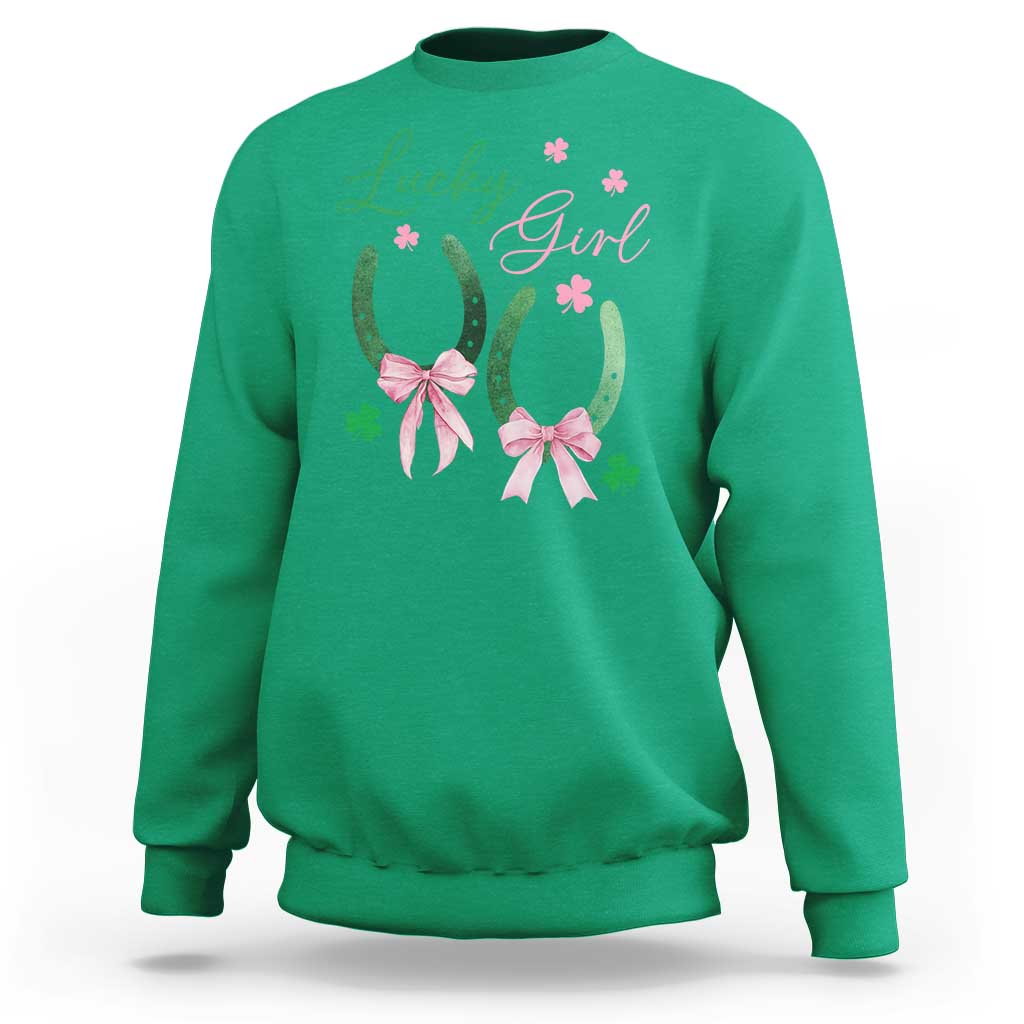 Funny St Patrick's Day Coquette Sweatshirt Lucky Girl Horseshoe Pink Bow