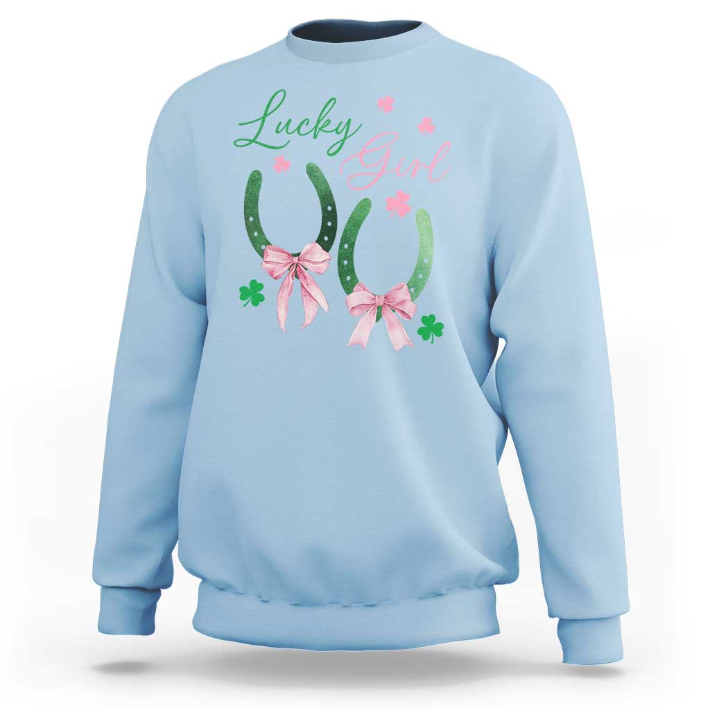 Funny St Patrick's Day Coquette Sweatshirt Lucky Girl Horseshoe Pink Bow