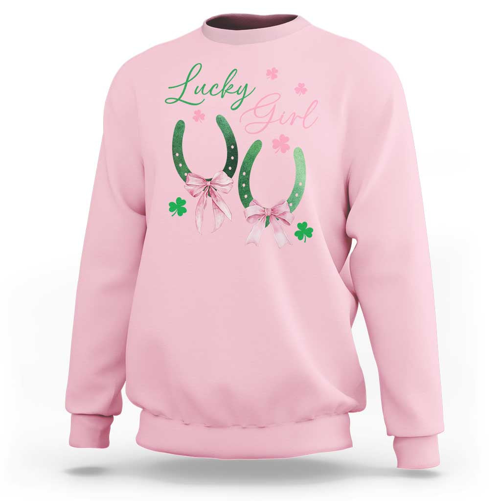 Funny St Patrick's Day Coquette Sweatshirt Lucky Girl Horseshoe Pink Bow