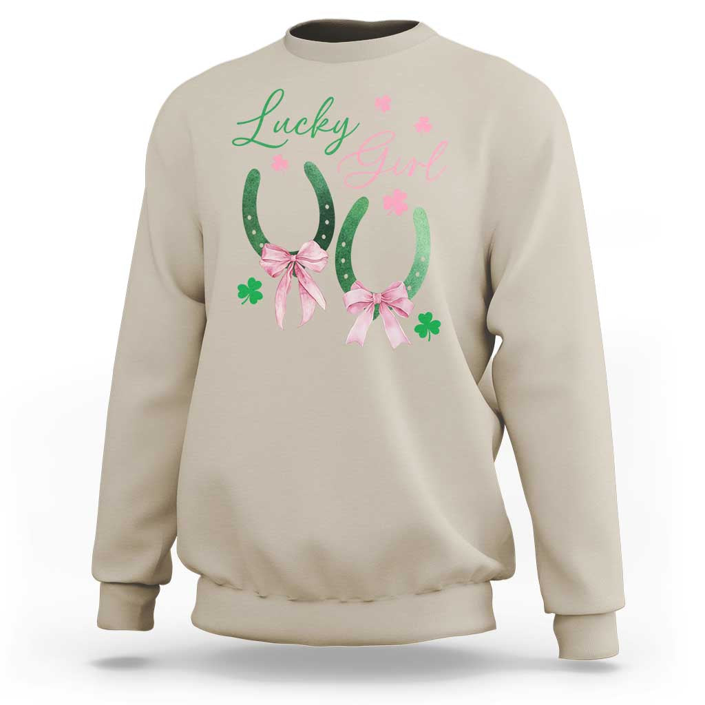 Funny St Patrick's Day Coquette Sweatshirt Lucky Girl Horseshoe Pink Bow
