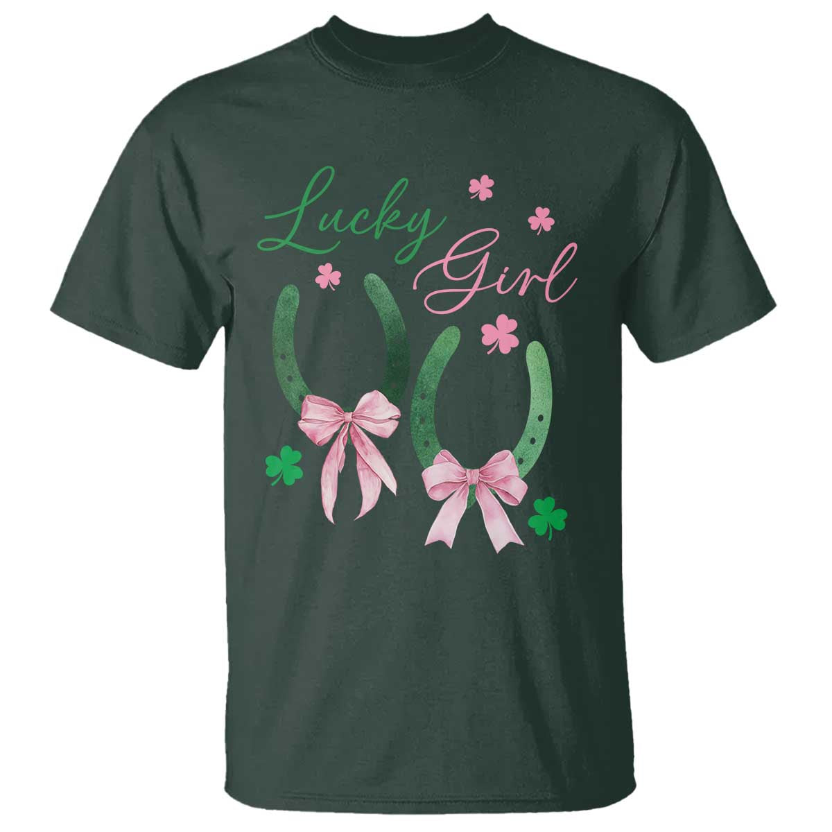 Funny St Patrick's Day Coquette T Shirt Lucky Girl Horseshoe Pink Bow