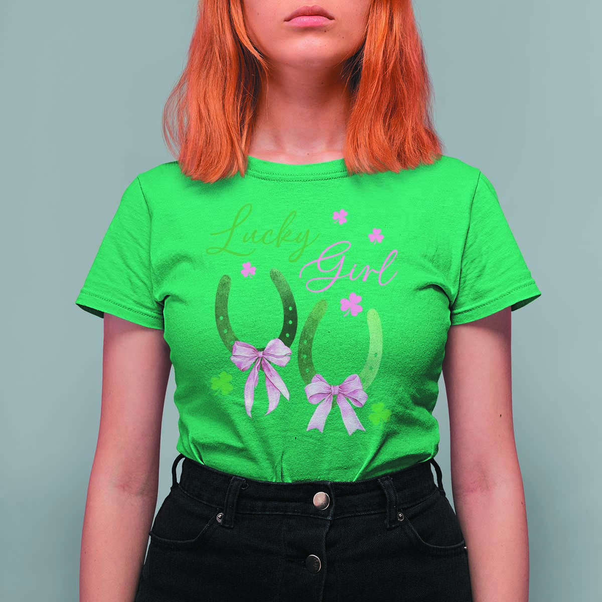 Funny St Patrick's Day Coquette T Shirt For Women Lucky Girl Horseshoe Pink Bow