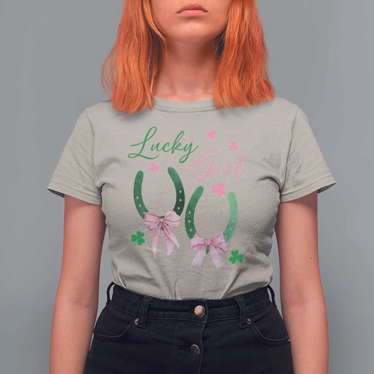 Funny St Patrick's Day Coquette T Shirt For Women Lucky Girl Horseshoe Pink Bow