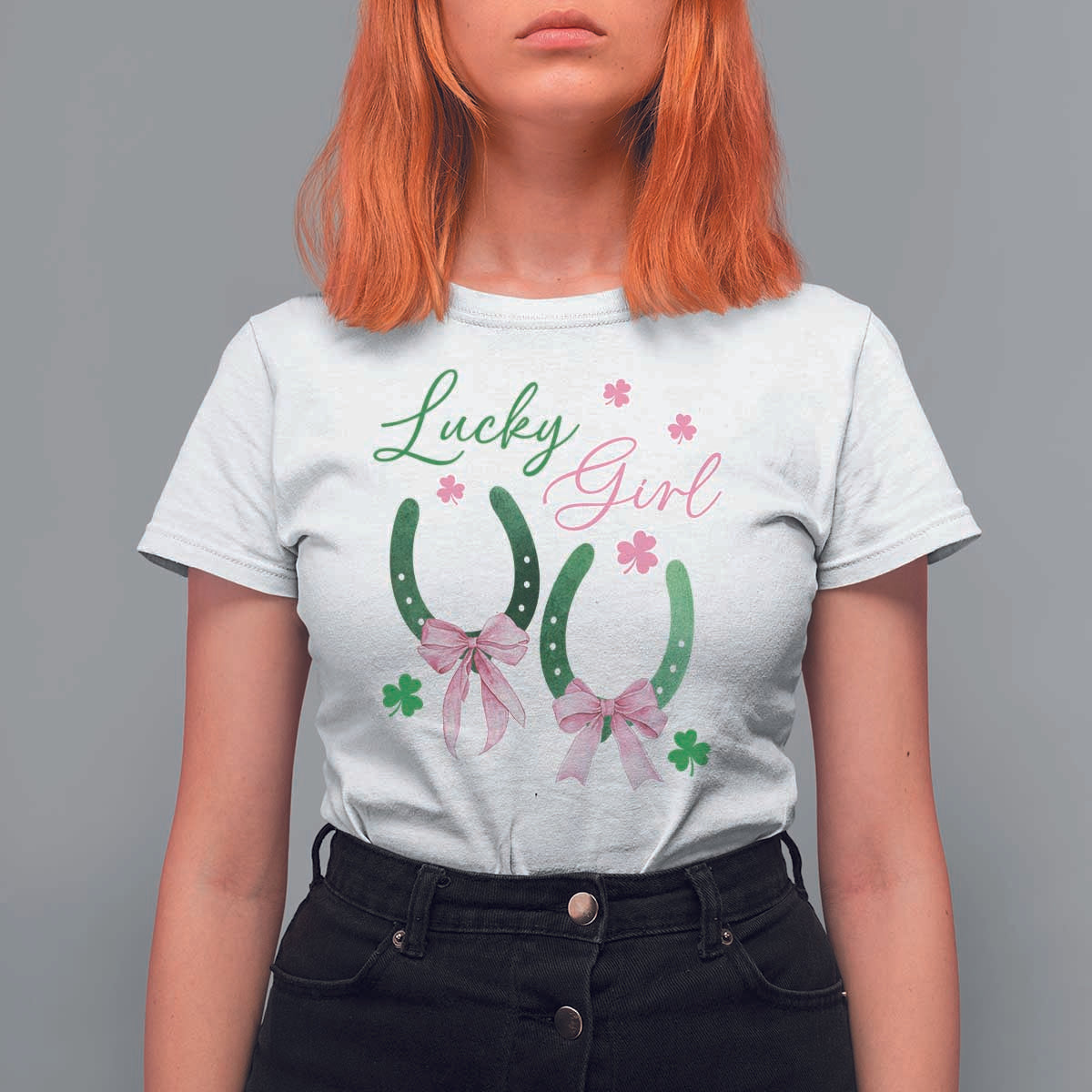 Funny St Patrick's Day Coquette T Shirt For Women Lucky Girl Horseshoe Pink Bow