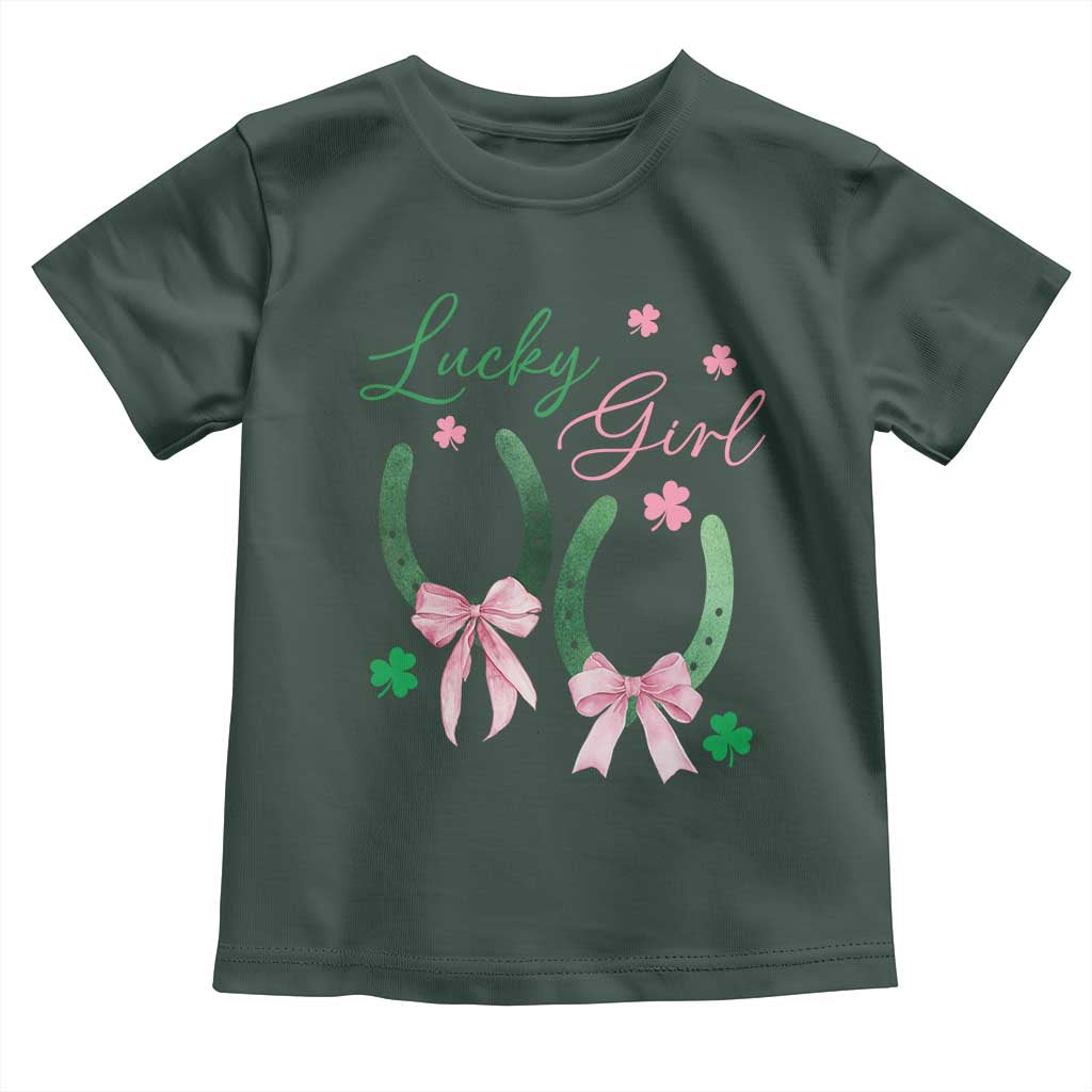 Funny St Patrick's Day Coquette Toddler T Shirt Lucky Girl Horseshoe Pink Bow