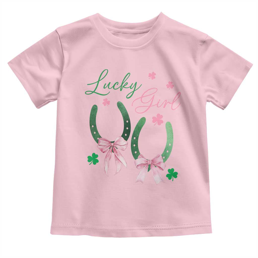 Funny St Patrick's Day Coquette Toddler T Shirt Lucky Girl Horseshoe Pink Bow