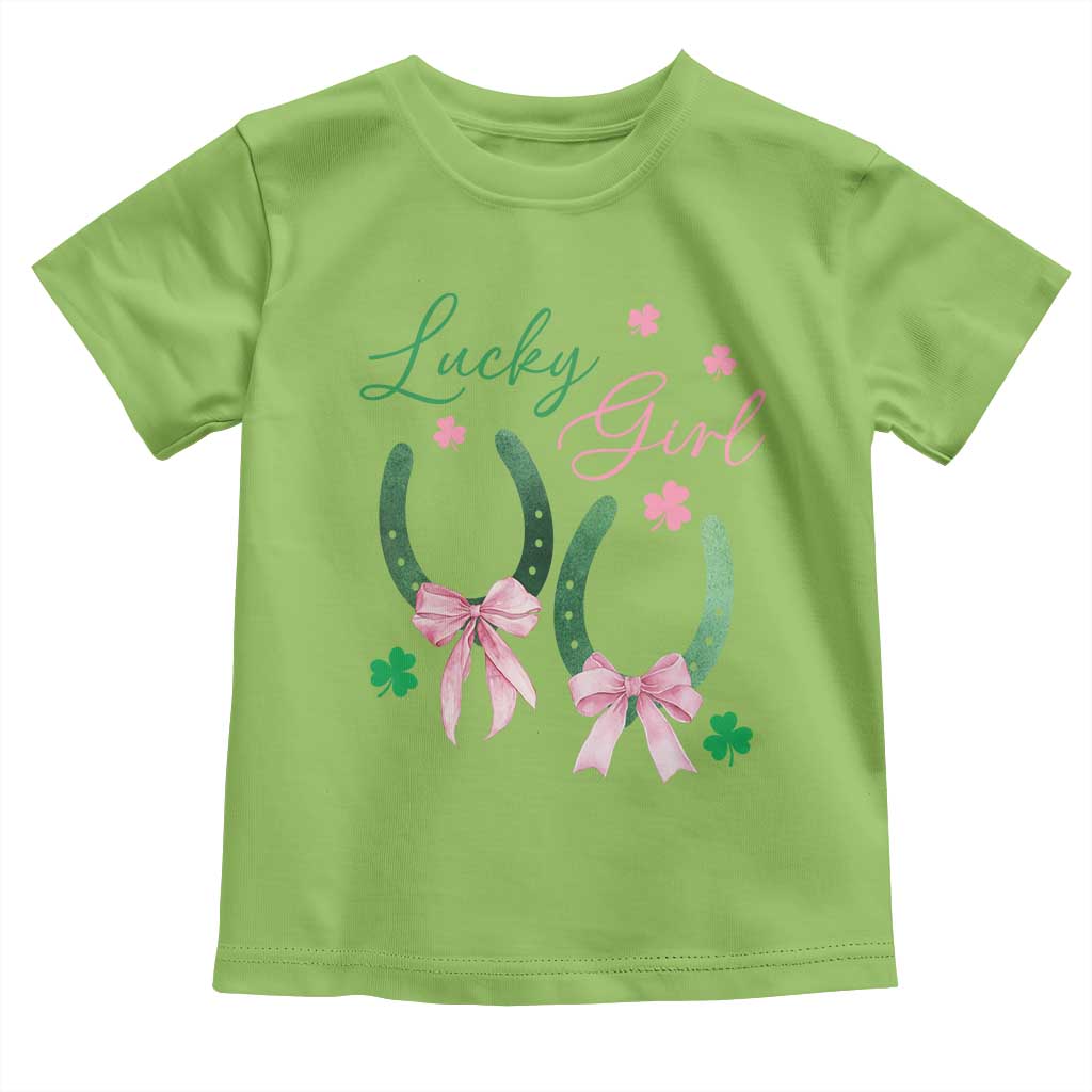 Funny St Patrick's Day Coquette Toddler T Shirt Lucky Girl Horseshoe Pink Bow