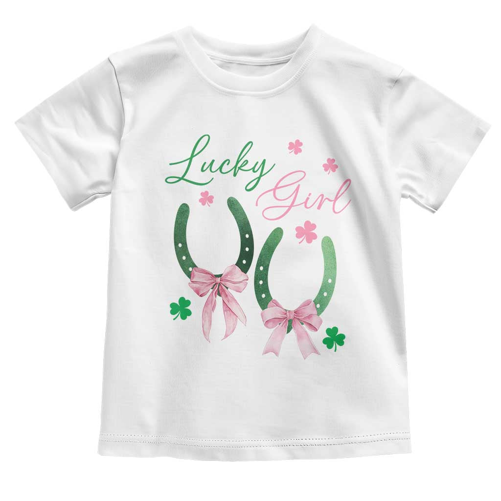 Funny St Patrick's Day Coquette Toddler T Shirt Lucky Girl Horseshoe Pink Bow