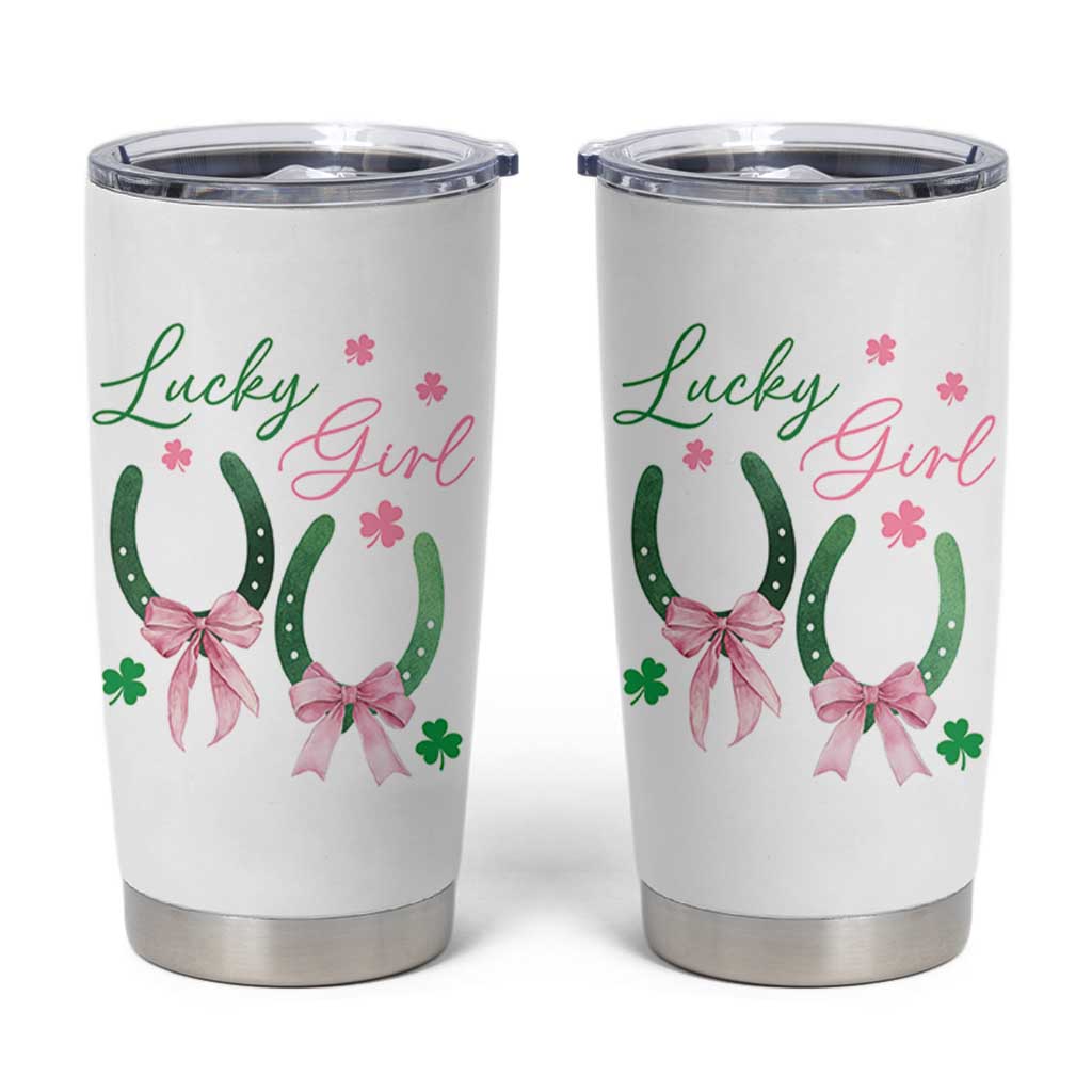 Funny St Patrick's Day Coquette Tumbler Cup Lucky Girl Horseshoe Pink Bow