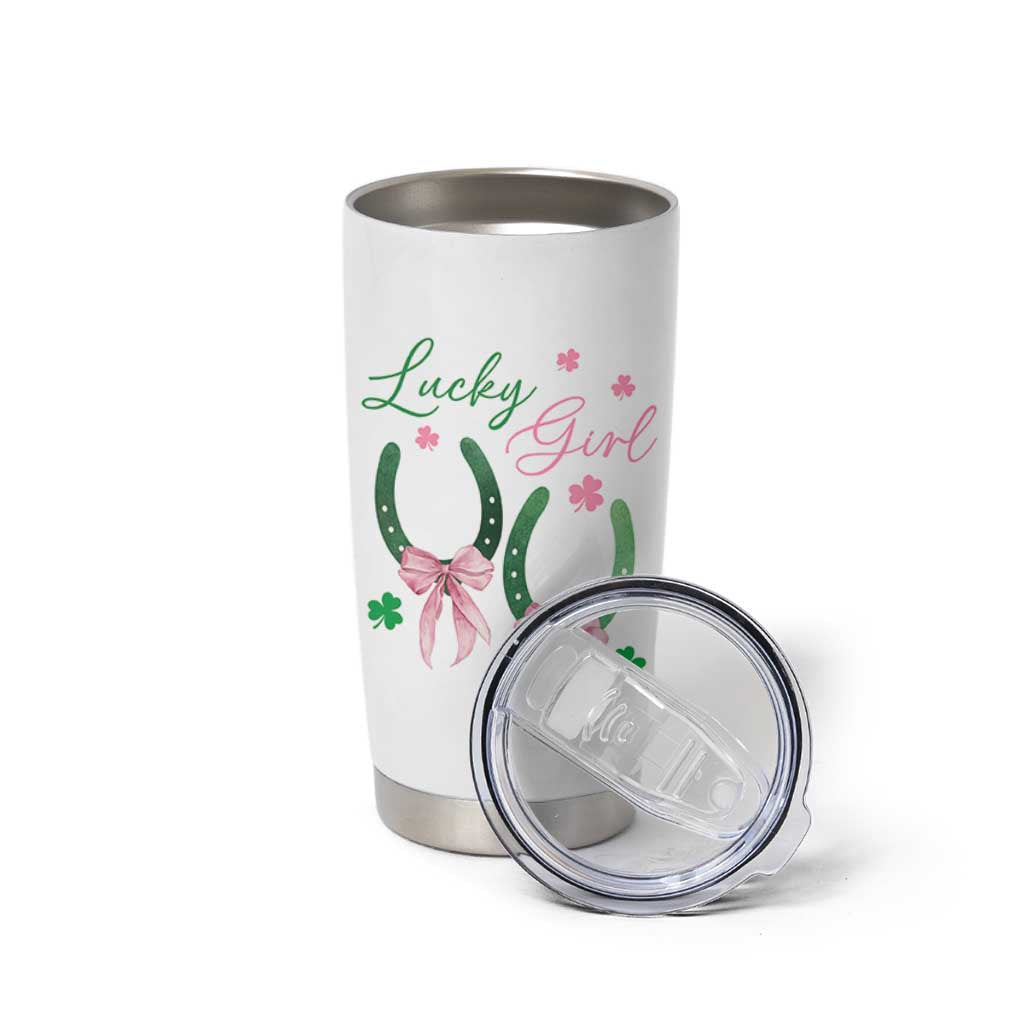 Funny St Patrick's Day Coquette Tumbler Cup Lucky Girl Horseshoe Pink Bow