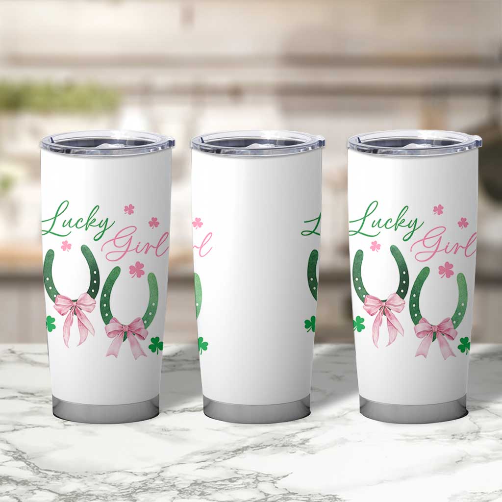 Funny St Patrick's Day Coquette Tumbler Cup Lucky Girl Horseshoe Pink Bow