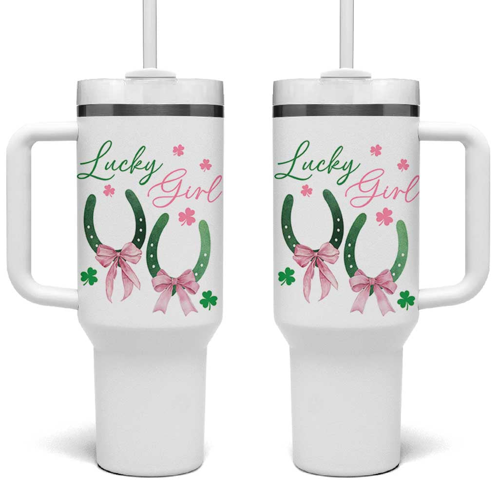 Funny St Patrick's Day Coquette Tumbler With Handle Lucky Girl Horseshoe Pink Bow