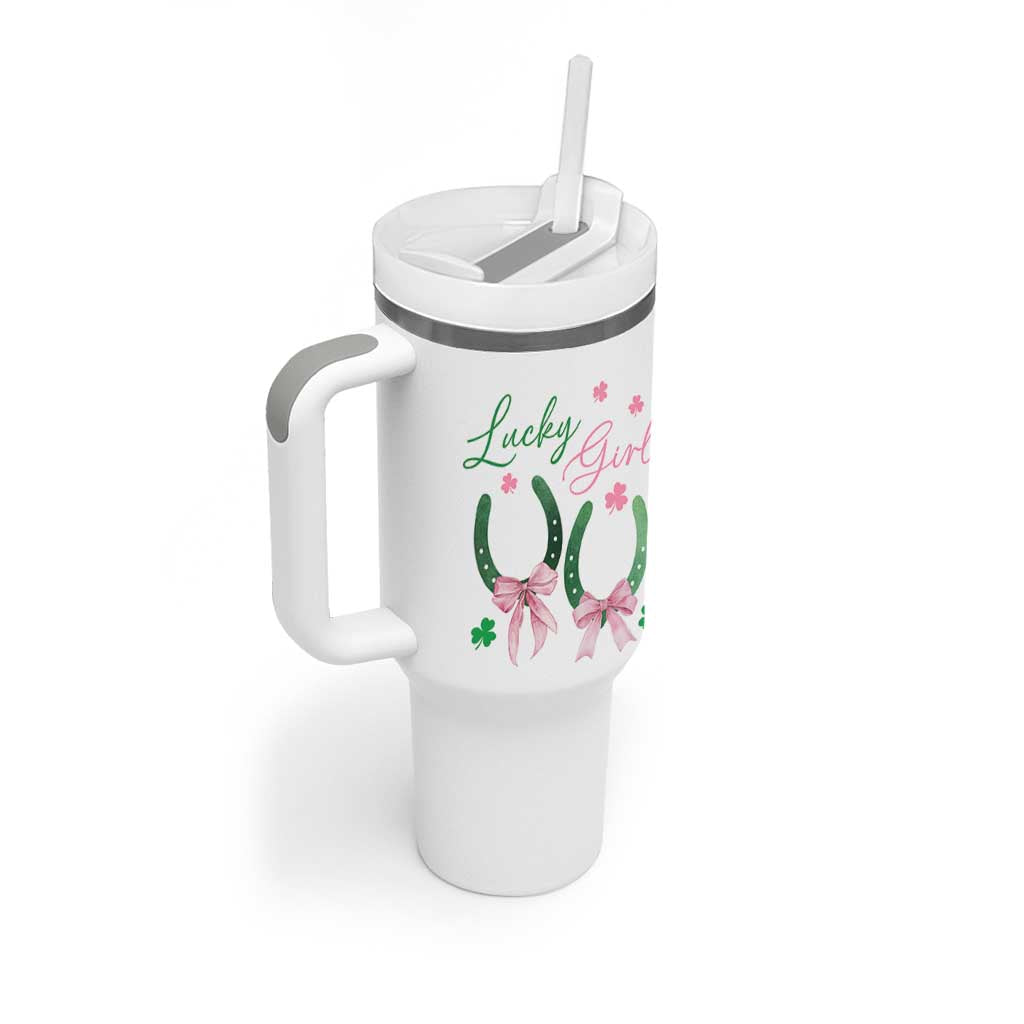 Funny St Patrick's Day Coquette Tumbler With Handle Lucky Girl Horseshoe Pink Bow