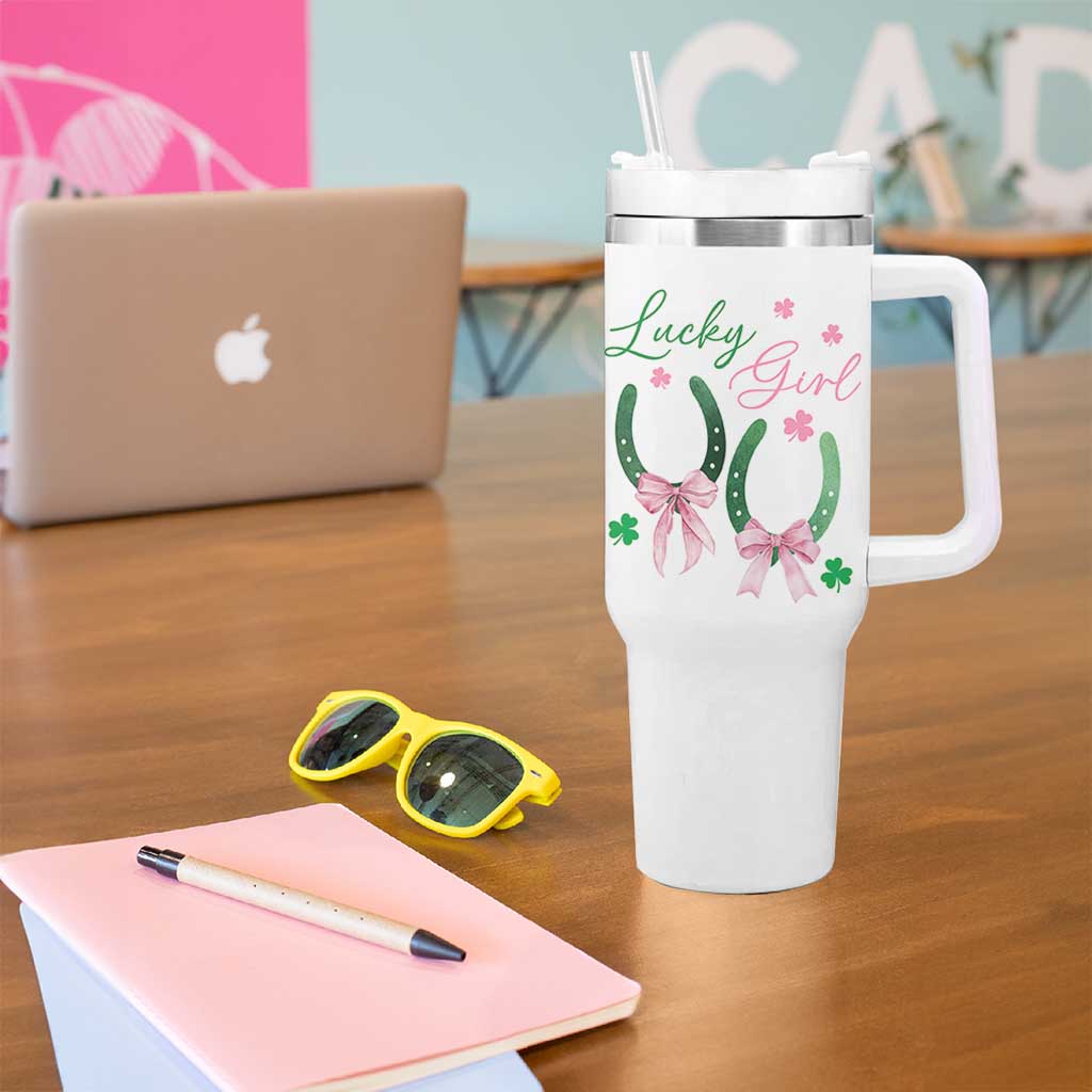 Funny St Patrick's Day Coquette Tumbler With Handle Lucky Girl Horseshoe Pink Bow