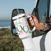 Funny St Patrick's Day Coquette Tumbler With Handle Lucky Girl Horseshoe Pink Bow