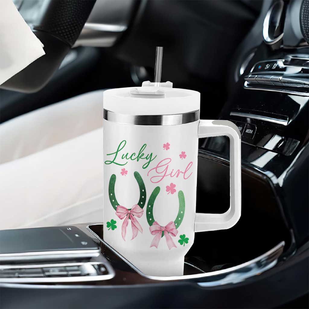 Funny St Patrick's Day Coquette Tumbler With Handle Lucky Girl Horseshoe Pink Bow