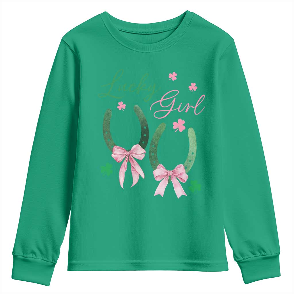 Funny St Patrick's Day Coquette Youth Sweatshirt Lucky Girl Horseshoe Pink Bow