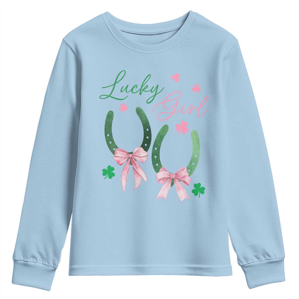 Funny St Patrick's Day Coquette Youth Sweatshirt Lucky Girl Horseshoe Pink Bow