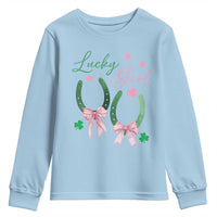 Funny St Patrick's Day Coquette Youth Sweatshirt Lucky Girl Horseshoe Pink Bow