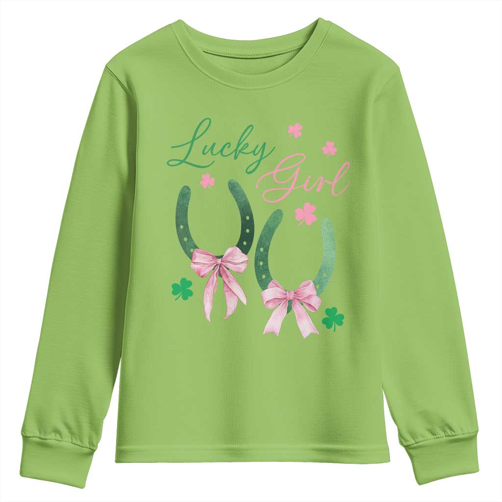 Funny St Patrick's Day Coquette Youth Sweatshirt Lucky Girl Horseshoe Pink Bow