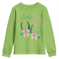 Funny St Patrick's Day Coquette Youth Sweatshirt Lucky Girl Horseshoe Pink Bow