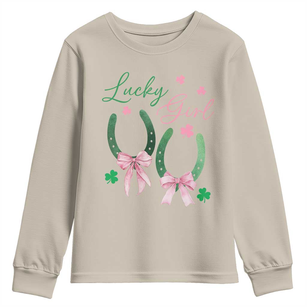 Funny St Patrick's Day Coquette Youth Sweatshirt Lucky Girl Horseshoe Pink Bow