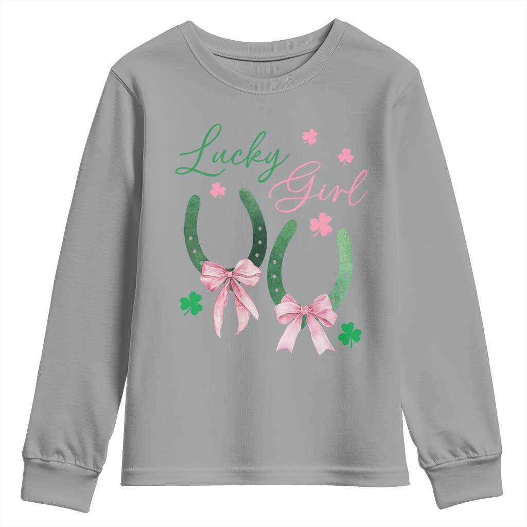 Funny St Patrick's Day Coquette Youth Sweatshirt Lucky Girl Horseshoe Pink Bow