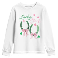 Funny St Patrick's Day Coquette Youth Sweatshirt Lucky Girl Horseshoe Pink Bow