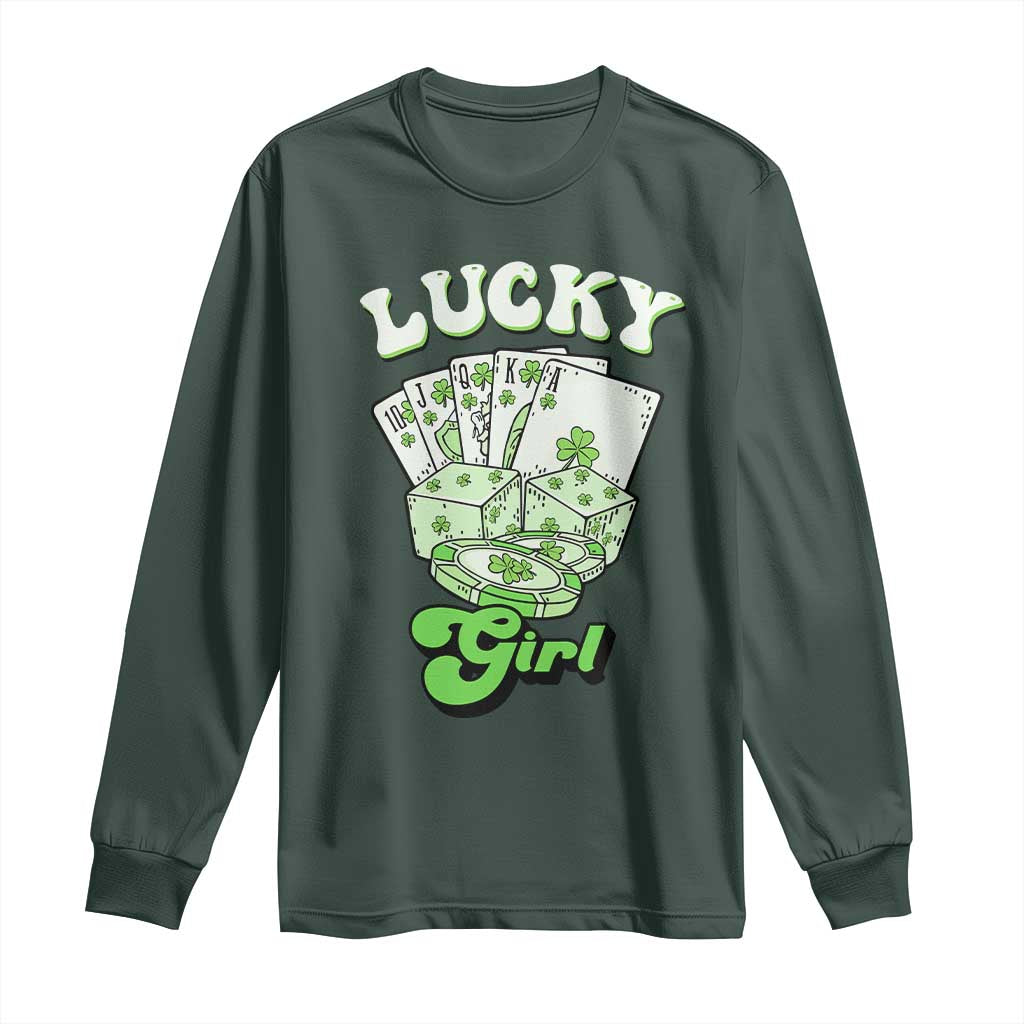 Funny St Patrick's Day Casino Games Long Sleeve Shirt Lucky Girl Shamrock Casino Poker Chips Cards