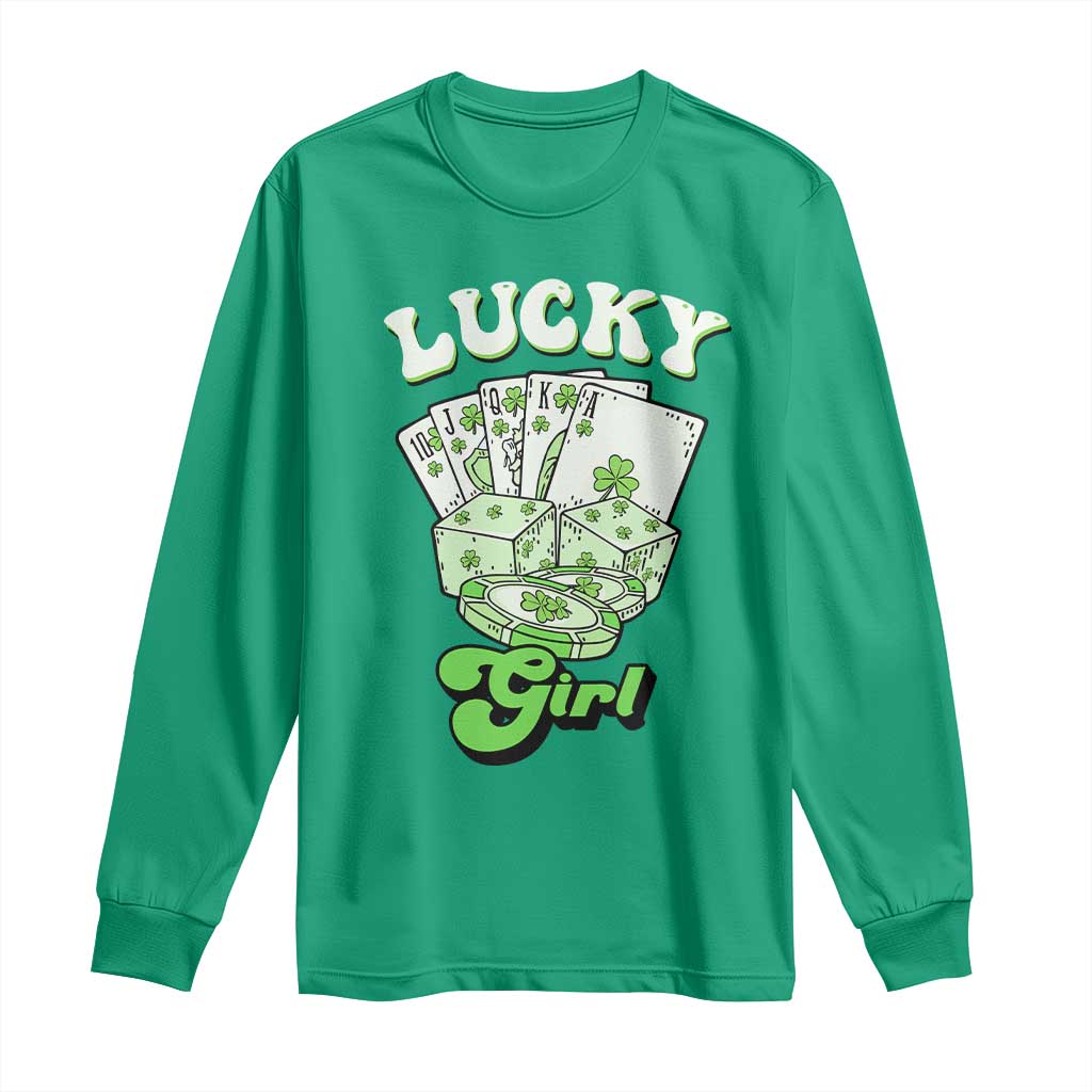 Funny St Patrick's Day Casino Games Long Sleeve Shirt Lucky Girl Shamrock Casino Poker Chips Cards