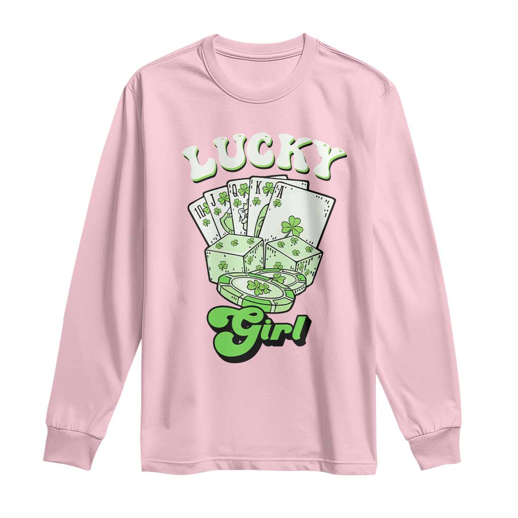 Funny St Patrick's Day Casino Games Long Sleeve Shirt Lucky Girl Shamrock Casino Poker Chips Cards