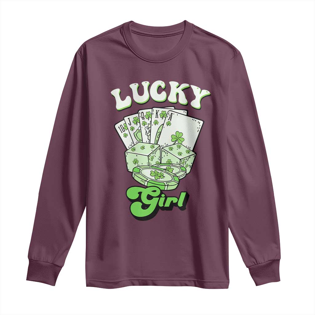Funny St Patrick's Day Casino Games Long Sleeve Shirt Lucky Girl Shamrock Casino Poker Chips Cards