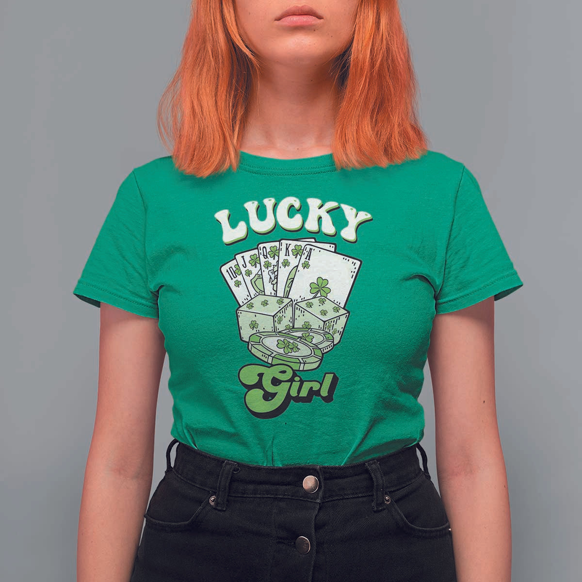 Funny St Patrick's Day Casino Games T Shirt For Women Lucky Girl Shamrock Casino Poker Chips Cards