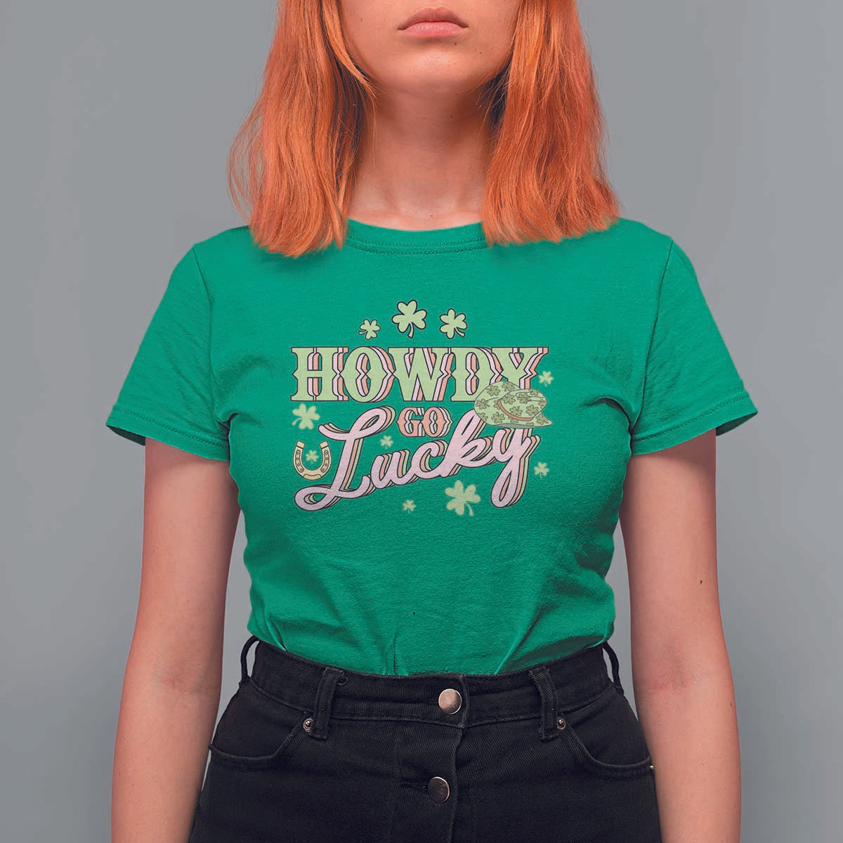 Funny St Patrick's Day Cowboy Cowgirl T Shirt For Women Howdy Go Lucky Shamrock