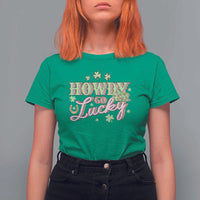 Funny St Patrick's Day Cowboy Cowgirl T Shirt For Women Howdy Go Lucky Shamrock