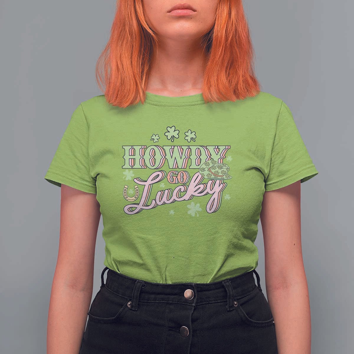 Funny St Patrick's Day Cowboy Cowgirl T Shirt For Women Howdy Go Lucky Shamrock