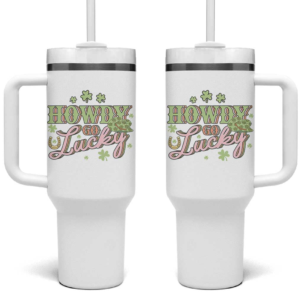 Funny St Patrick's Day Cowboy Cowgirl Tumbler With Handle Howdy Go Lucky Shamrock